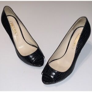 Vtg Prada Sz 36.5 Black Crocodile Embossed Leather Peep Toe Platform Pumps Heels